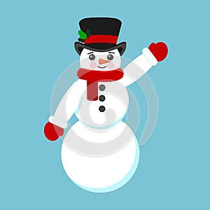 Isolated cute cartoon snowman in scarve, mittens and hat with mistletoe in flat style photo