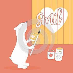 Isolated cute cartoon white bear with a paintbrush