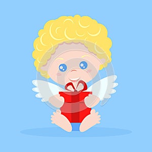 Isolated cute cupid boy in cartoon flat style in sitting pose with red gift