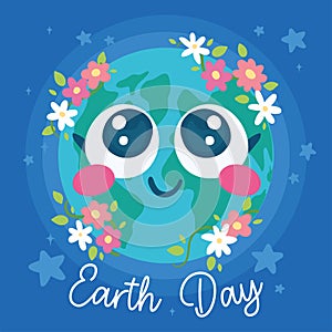 Isolated cute earth planet with smile and flowers Happy earth day Vector
