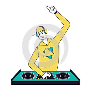 Isolated cute male dj character playing electronic music Vector