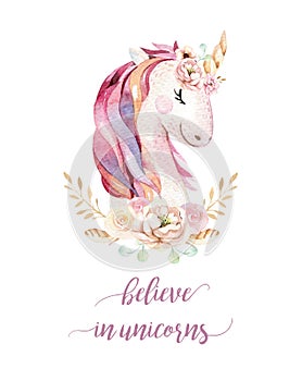 Isolated cute watercolor unicorn