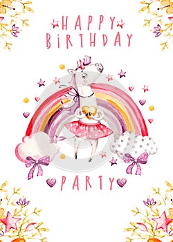 Isolated cute watercolor unicorn Birthday invitation card. Nursery unicorns and rainbow illustration. Princess unicorns