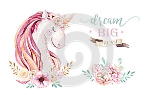 Isolated cute watercolor unicorn clipart with flowers. Nursery unicorns illustration. Princess rainbow poster. Trendy