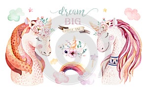 Isolated cute watercolor unicorn clipart with flowers. Nursery unicorns illustration. Princess rainbow poster. Trendy