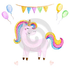 Isolated cute watercolor unicorn clipart. Nursery unicorns illustration. Princess unicorns poster. Trendy pink cartoon horse.