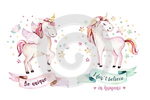 Isolated cute watercolor unicorn clipart. Nursery unicorns illustration. Princess rainbow unicorns poster. Trendy pink