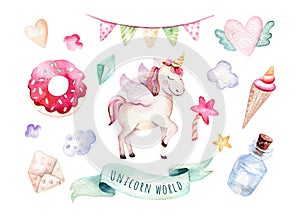 Isolated cute watercolor unicorn clipart. Nursery unicorns illustration. Princess rainbow unicorns poster. Trendy pink