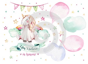 Isolated cute watercolor unicorn clipart. Nursery unicorns illustration. Princess rainbow unicorns poster. Trendy pink