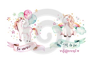 Isolated cute watercolor unicorn clipart. Nursery unicorns illustration. Princess rainbow unicorns poster. Trendy pink