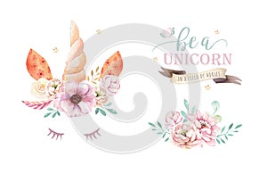 Isolated cute watercolor unicorn clipart with flowers. Nursery unicorns illustration. Princess rainbow poster. Trendy