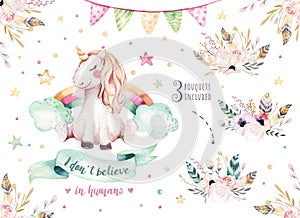 Isolated cute watercolor unicorn clipart. Nursery unicorns illustration. Princess rainbow unicorns poster. Trendy pink