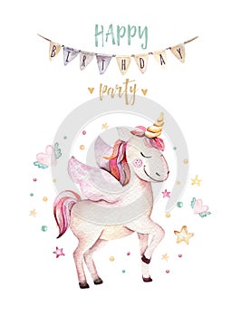 Isolated cute watercolor unicorn clipart. Nursery unicorns illustration. Princess rainbow unicorns poster. Trendy pink