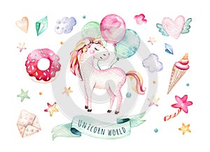 Isolated cute watercolor unicorn clipart. Nursery unicorns illustration. Princess rainbow unicorns poster. Trendy pink