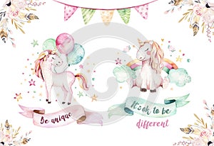 Isolated cute watercolor unicorn clipart. Nursery unicorns illustration. Princess rainbow unicorns poster. Trendy pink