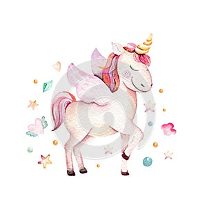 Isolated cute watercolor unicorn clipart. Nursery unicorns illustration. Princess rainbow unicorns poster. Trendy pink