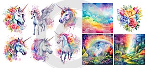 Isolated cute watercolor unicorn clipart. Nursery unicorns illustration. Princess unicorns poster. Trendy pink cartoon