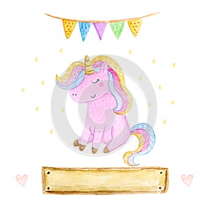 Isolated cute watercolor unicorn clipart. Nursery unicorns illustration. Princess unicorns poster. Trendy pink cartoon horse.