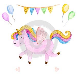 Isolated cute watercolor unicorn clipart. Nursery unicorns illustration. Princess unicorns poster. Trendy pink cartoon horse.