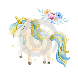 Isolated cute watercolor unicorn and flowers clipart. Nursery unicorns illustration. Princess unicorns poster. Trendy