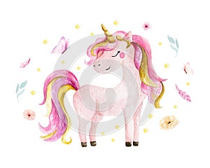 Isolated cute watercolor unicorn and flowers clipart. Nursery unicorns illustration. Princess unicorns poster. Trendy