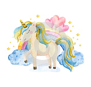 Isolated cute watercolor unicorn and flowers clipart. Nursery unicorns illustration. Princess unicorns poster. Trendy