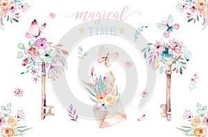 Isolated cute watercolor unicorn keys clipart with flowers. Nursery unicorns key illustration. Princess rainbow poster