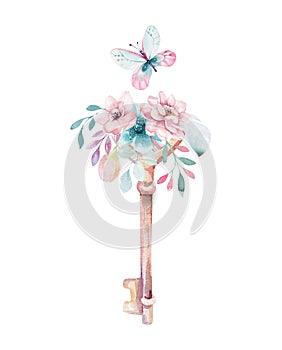 Isolated cute watercolor unicorn keys clipart with flowers. Nursery unicorns key illustration. Princess rainbow poster