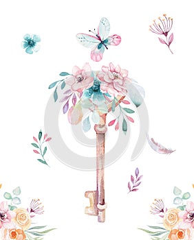 Isolated cute watercolor unicorn keys clipart with flowers. Nursery unicorns key illustration. Princess rainbow poster