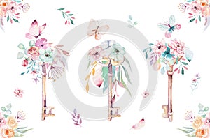 Isolated cute watercolor unicorn keys clipart with flowers. Nursery unicorns key illustration. Princess rainbow poster