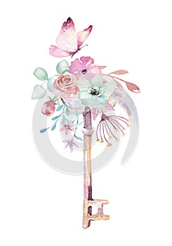 Isolated cute watercolor unicorn keys clipart with flowers. Nursery unicorns key illustration. Princess rainbow poster