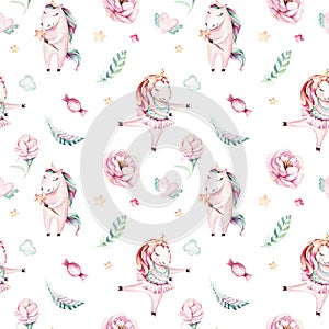 Isolated cute watercolor unicorn pattern. Nursery magic unicorns aquarelle. Princess miracle unicorns collection. Trendy