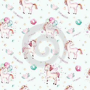 Isolated cute watercolor unicorn pattern. Nursery rainbow unicorns aquarelle. Princess unicornscollection. Trendy pink