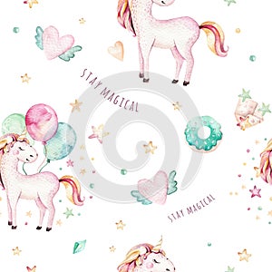 Isolated cute watercolor unicorn pattern. Nursery rainbow unicorns aquarelle. Princess unicornscollection. Trendy pink