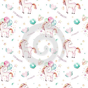 Isolated cute watercolor unicorn pattern. Nursery rainbow unicorns aquarelle. Princess unicornscollection. Trendy pink