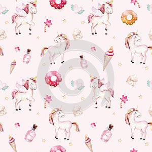 Isolated cute watercolor unicorn pattern. Nursery rainbow unicorns aquarelle. Princess unicornscollection. Trendy pink