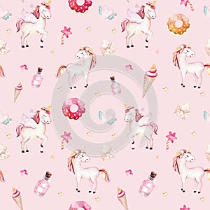 Isolated cute watercolor unicorn pattern. Nursery rainbow unicorns aquarelle. Princess unicornscollection. Trendy pink