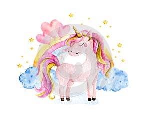 Isolated cute watercolor unicorn and rainbow clipart. Nursery unicorns illustration. Princess unicorns poster. Trendy