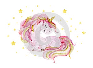 Isolated cute watercolor unicorn and stars clipart. Nursery unicorns illustration. Princess unicorns poster. Trendy pink