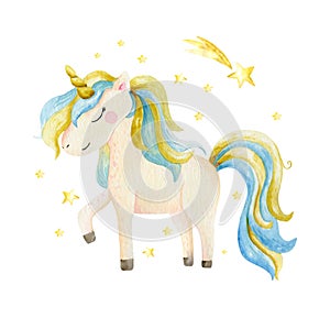 Isolated cute watercolor unicorn and stars clipart. Nursery unicorns illustration. Princess unicorns poster. Trendy