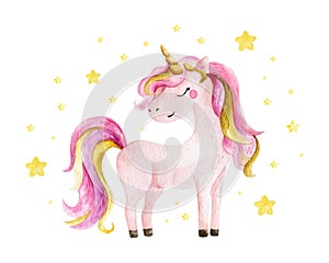 Isolated cute watercolor unicorn and stars clipart. Nursery unicorns illustration. Princess unicorns poster. Trendy pink
