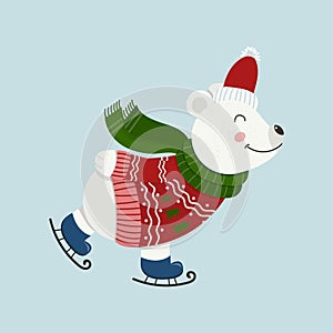 Isolated cute white bear is dressed in winter clothes and skated