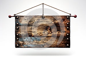 Isolated cutout Rustic Wooden Sign Hanging From a Rope.