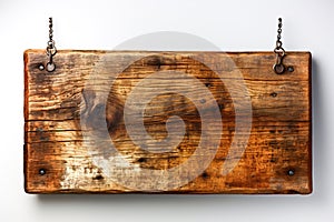 Isolated cutout Rustic Wooden Sign Hanging From a Rope.