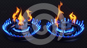 An isolated 3D modern set of burning gas stoves and hotpots with blue flames. A kitchen burner with lit hobs and propane