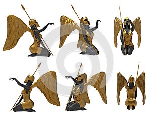 Isolated 3d render illustration of black marble and golden warrior angel sitting with spear