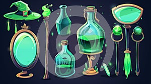 Isolated on dark background, this set contains a magic green potion in bottle, a flying broomstick, a wizard hat and an