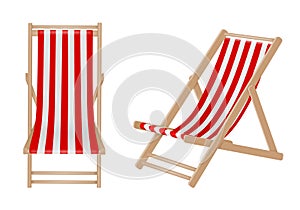 Isolated deck chair on white background. Wooden deck chairs with white and red stripes