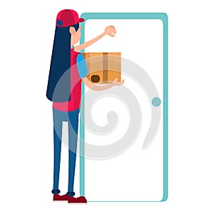 Isolated delivery girl with a package knocking a door