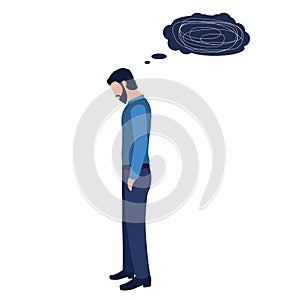 Isolated depression man with bowed head and metaphorical thinks on a white background. Concept of confusion of mind, messy